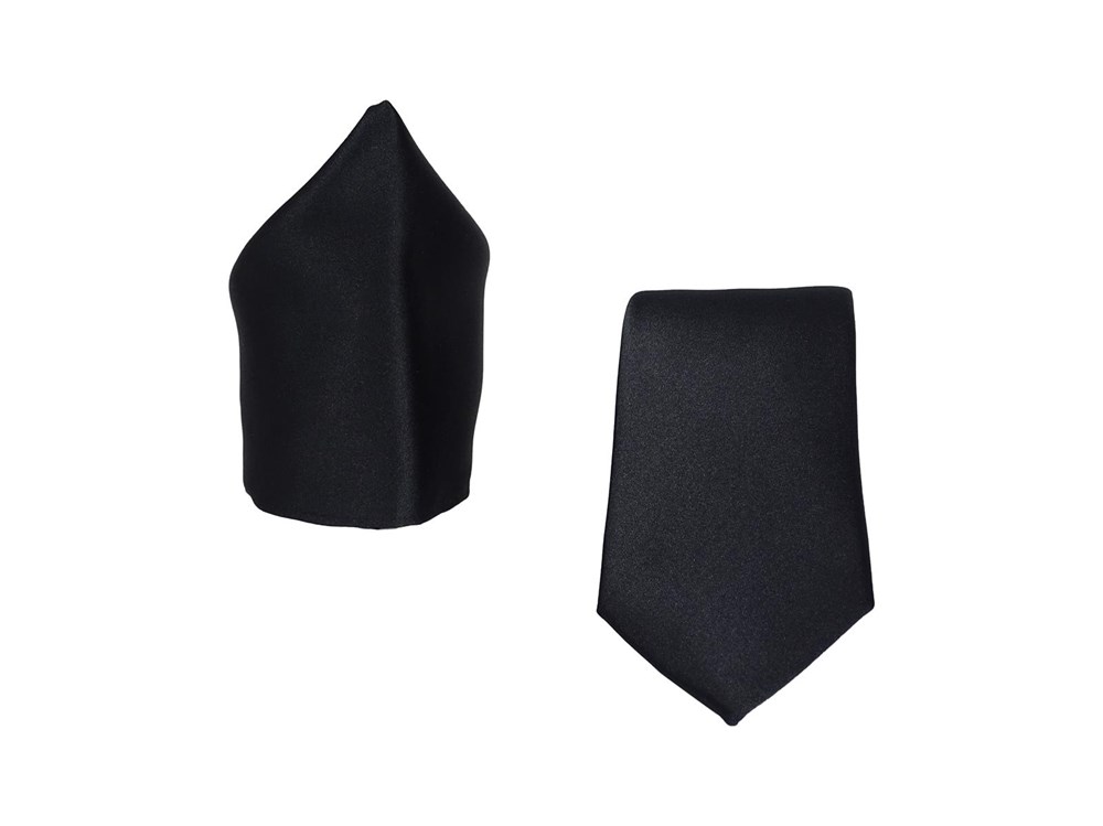 Krawattenset für Herren - Krawatte und Einstecktuch aus Satin Mikrofaser - Hangefertigt in Italien - 150 x 7 cm - schwarz