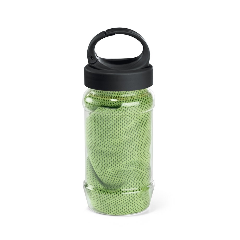ARTX PLUS. Sporthandtuch aus Polyamid und Polyester mit Flasche (440 mL) aus PP und PET und einem integrierten Karabinerhaken am Deckel - hellgrün