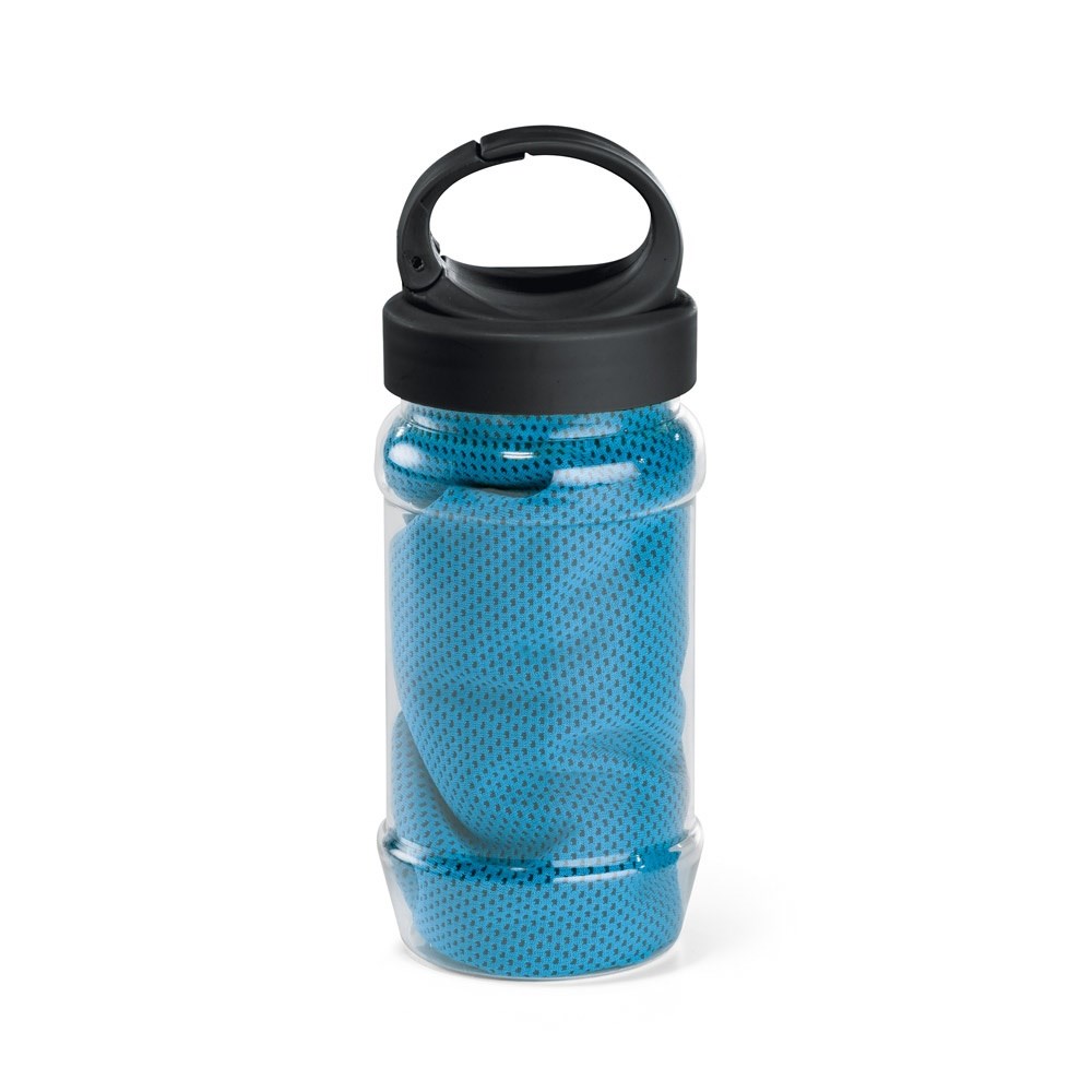 ARTX PLUS. Sporthandtuch aus Polyamid und Polyester mit Flasche (440 mL) aus PP und PET und einem integrierten Karabinerhaken am Deckel