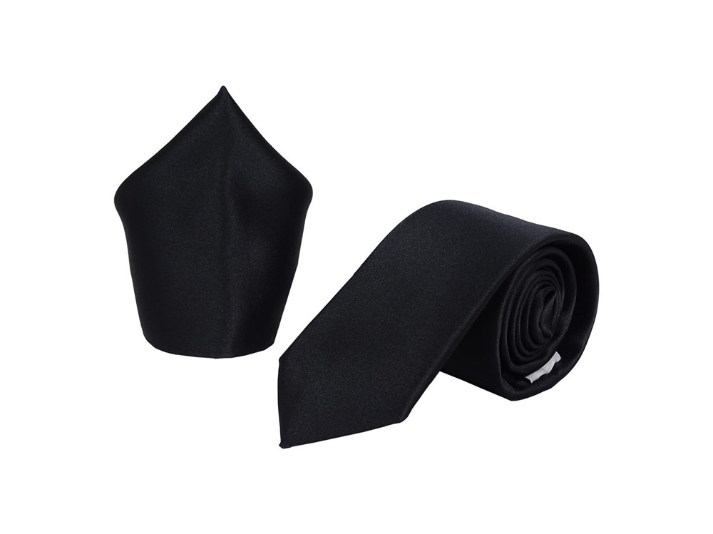 Krawattenset für Herren - Krawatte und Einstecktuch aus Satin Mikrofaser - Hangefertigt in Italien - 150 x 7 cm - schwarz
